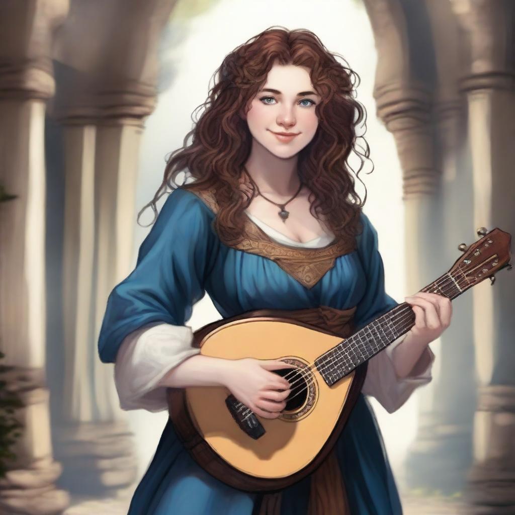 A Dungeons & Dragons bard, a 27-year-old woman of average height with blue eyes and brown curly hair, playing a lute