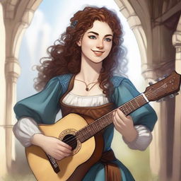 A Dungeons & Dragons bard, a 27-year-old woman of average height with blue eyes and brown curly hair, playing a lute