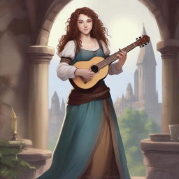 A Dungeons & Dragons bard, a 27-year-old woman of average height with blue eyes and brown curly hair, playing a lute