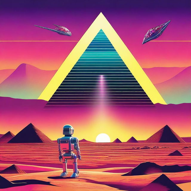 Create a retro 1990s style movie poster showing a robotic being flying away from a massive pyramid