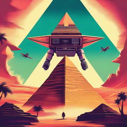 Create a retro 1990s style movie poster showing a robotic being flying away from a massive pyramid