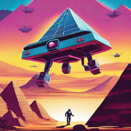 Create a retro 1990s style movie poster showing a robotic being flying away from a massive pyramid