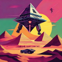 Create a retro 1990s style movie poster showing a robotic being flying away from a massive pyramid