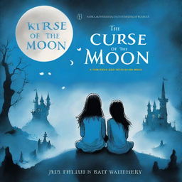 A book cover for the novel 'Curse of the Moon':
Front Cover:
 * Background: A massive blue moon fills the sky, casting a beam of light on an old dark castle