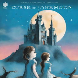 A book cover for the novel 'Curse of the Moon':
Front Cover:
 * Background: A massive blue moon fills the sky, casting a beam of light on an old dark castle