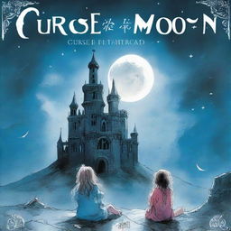 A book cover for the novel 'Curse of the Moon':
Front Cover:
 * Background: A massive blue moon fills the sky, casting a beam of light on an old dark castle