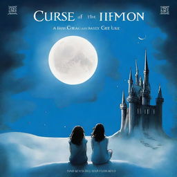 A book cover for the novel 'Curse of the Moon':
Front Cover:
 * Background: A massive blue moon fills the sky, casting a beam of light on an old dark castle