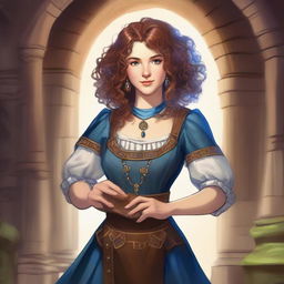 A Dungeons & Dragons bard, a 27-year-old woman of average height with blue eyes and brown curly hair, playing a kalimba