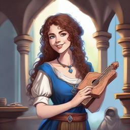 A Dungeons & Dragons bard, a 27-year-old woman of average height with blue eyes and brown curly hair, playing a kalimba