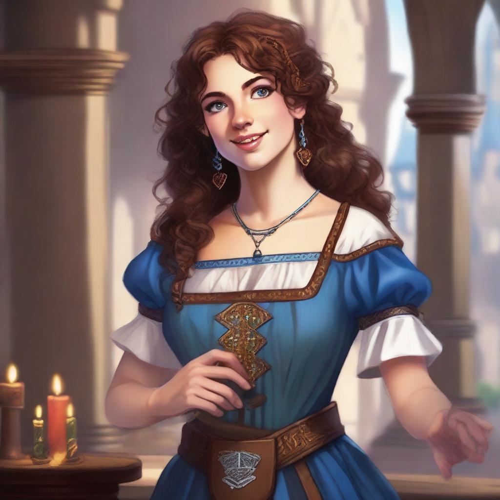 A Dungeons & Dragons bard, a 27-year-old woman of average height with blue eyes and brown curly hair, playing a kalimba