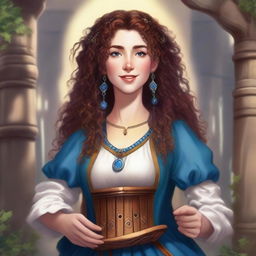 A Dungeons & Dragons bard, a 27-year-old woman of average height with blue eyes and brown curly hair, playing a kalimba