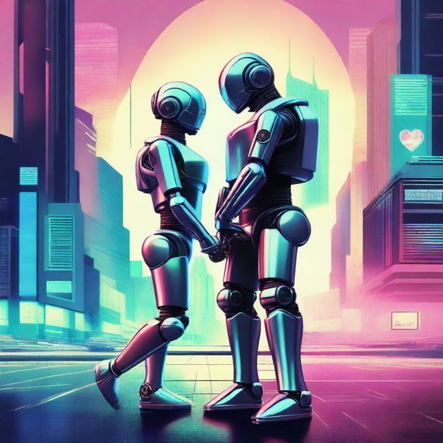 Create a retro 2002 style sci-fi movie poster showing two robotic beings in a romantic embrace