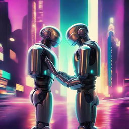 Create a retro 2002 style sci-fi movie poster showing two robotic beings in a romantic embrace