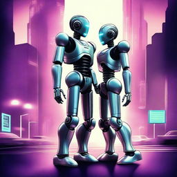 Create a retro 2002 style sci-fi movie poster showing two robotic beings in a romantic embrace