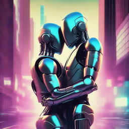 Create a retro 2002 style sci-fi movie poster showing two robotic beings in a romantic embrace