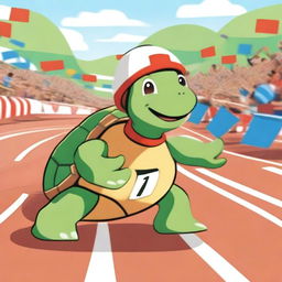 A whimsical scene featuring a turtle participating in a race