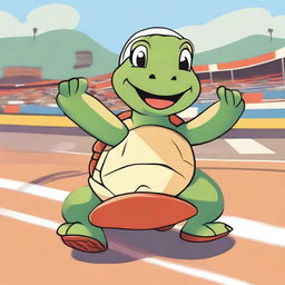 A whimsical scene featuring a turtle participating in a race