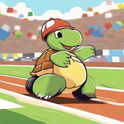 A whimsical scene featuring a turtle participating in a race