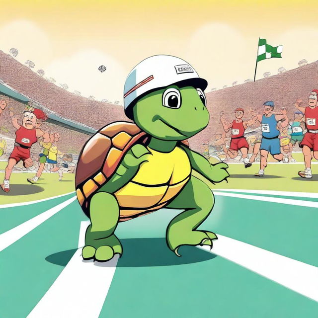 A whimsical scene featuring a turtle participating in a race