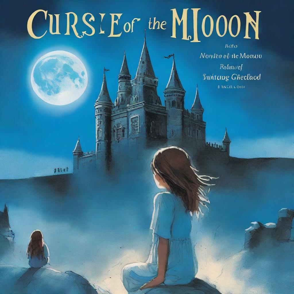 A book cover for the novel 'Curse of the Moon':
Front Cover:
 * Background: A massive blue moon fills the sky, casting a beam of light on an old dark castle