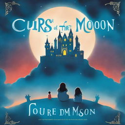 A book cover for the novel 'Curse of the Moon':
Front Cover:
 * Background: A massive blue moon fills the sky, casting a beam of light on an old dark castle