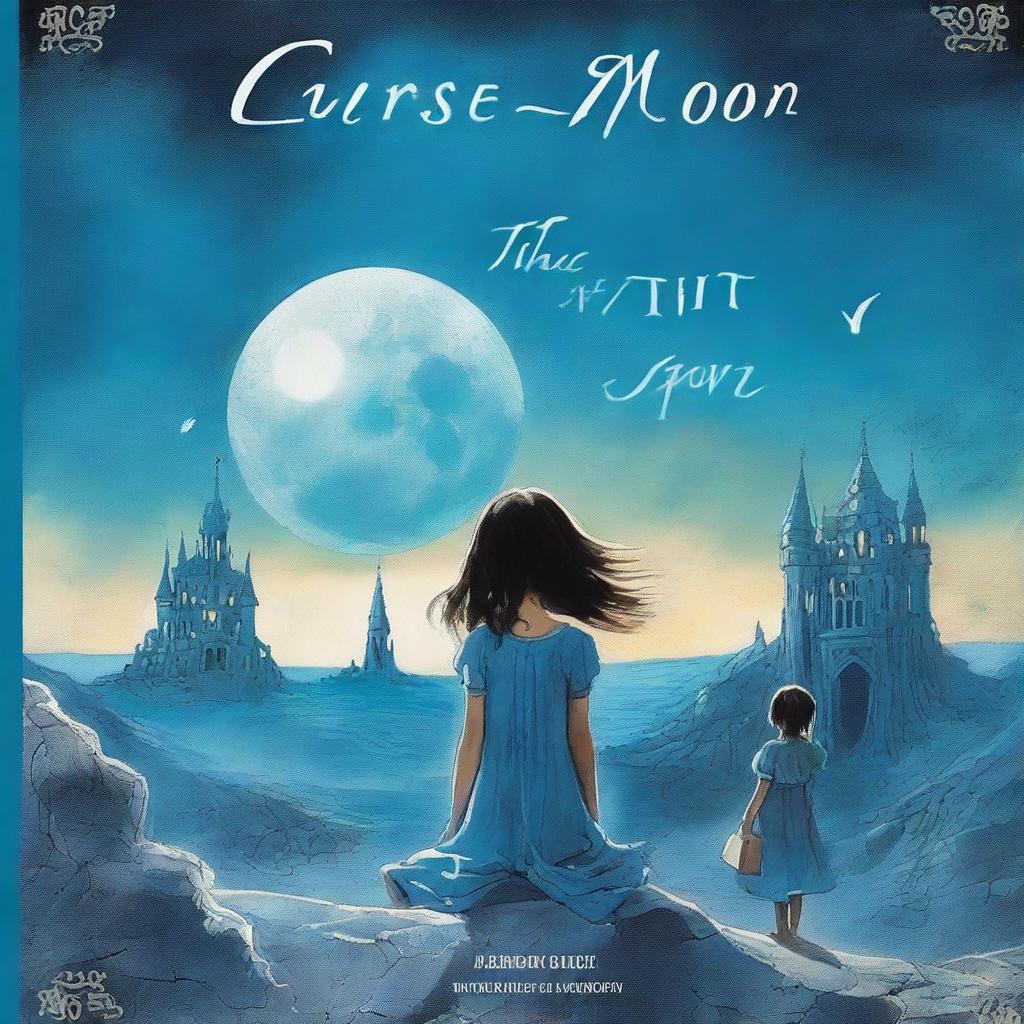 A book cover for the novel 'Curse of the Moon':
Front Cover:
 * Background: A massive blue moon fills the sky, casting a beam of light on an old dark castle