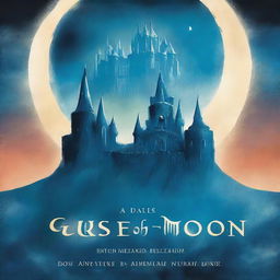 A book cover for the novel 'Curse of the Moon':
Front Cover:
 * Background: A massive blue moon fills the sky, casting a beam of light on an old dark castle