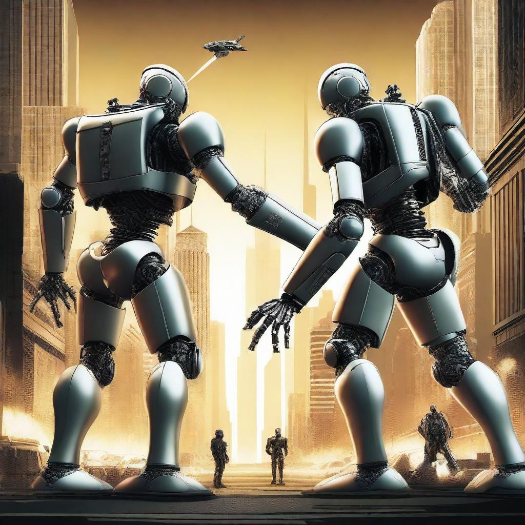 Create a retro 2008 style sci-fi movie poster showing robotic beings facing each other, ready for battle