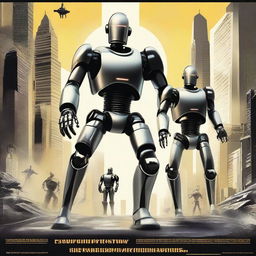 Create a retro 2008 style sci-fi movie poster showing robotic beings facing each other, ready for battle