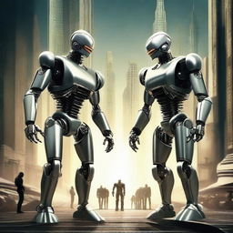 Create a retro 2008 style sci-fi movie poster showing robotic beings facing each other, ready for battle