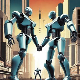 Create a retro 2008 style sci-fi movie poster showing robotic beings facing each other, ready for battle