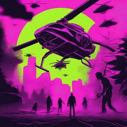 Create a horror movie poster showing various cryptids against a neon background with helicopters in the sky