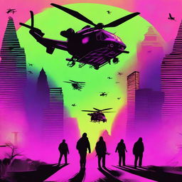 Create a horror movie poster showing various cryptids against a neon background with helicopters in the sky