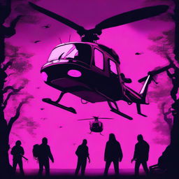 Create a horror movie poster showing various cryptids against a neon background with helicopters in the sky