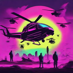 Create a horror movie poster showing various cryptids against a neon background with helicopters in the sky