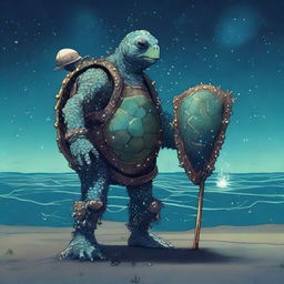 An ancient, weathered turtle man with a shell completely covered in prominent glowing barnacles arranged in constellations of the night sky like Ursa Major