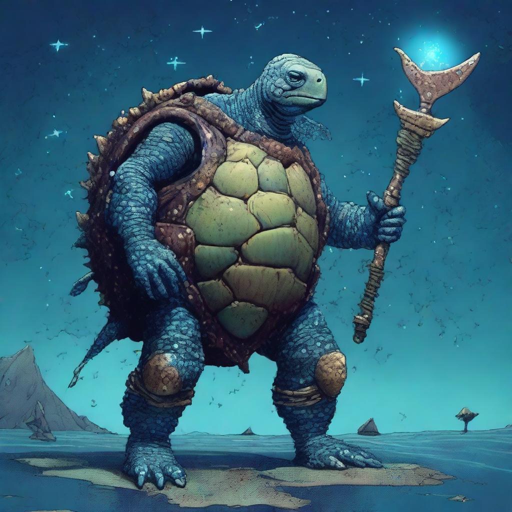 An ancient, weathered turtle man with a shell completely covered in prominent glowing barnacles arranged in constellations of the night sky like Ursa Major