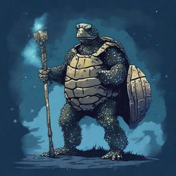 An ancient, weathered turtle man with a shell completely covered in prominent glowing barnacles arranged in constellations of the night sky like Ursa Major