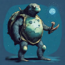 An ancient, weathered turtle man with a shell completely covered in prominent glowing barnacles arranged in constellations of the night sky like Ursa Major