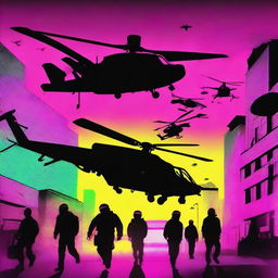 Create a conspiracy movie poster showing various black helicopters in the sky against a neon backdrop, with heroes looking up from the ground