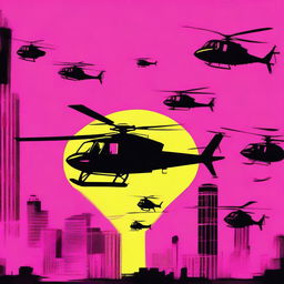 Create a conspiracy movie poster showing various black helicopters in the sky against a neon backdrop, with heroes looking up from the ground