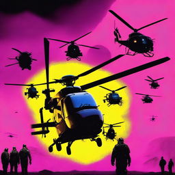 Create a conspiracy movie poster showing various black helicopters in the sky against a neon backdrop, with heroes looking up from the ground