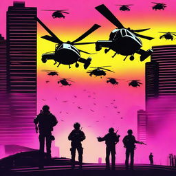 Create a conspiracy movie poster showing various black helicopters in the sky against a neon backdrop, with heroes looking up from the ground