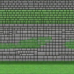 Create a pixel art image of an old gray brick wall with patches of green moss growing between the bricks