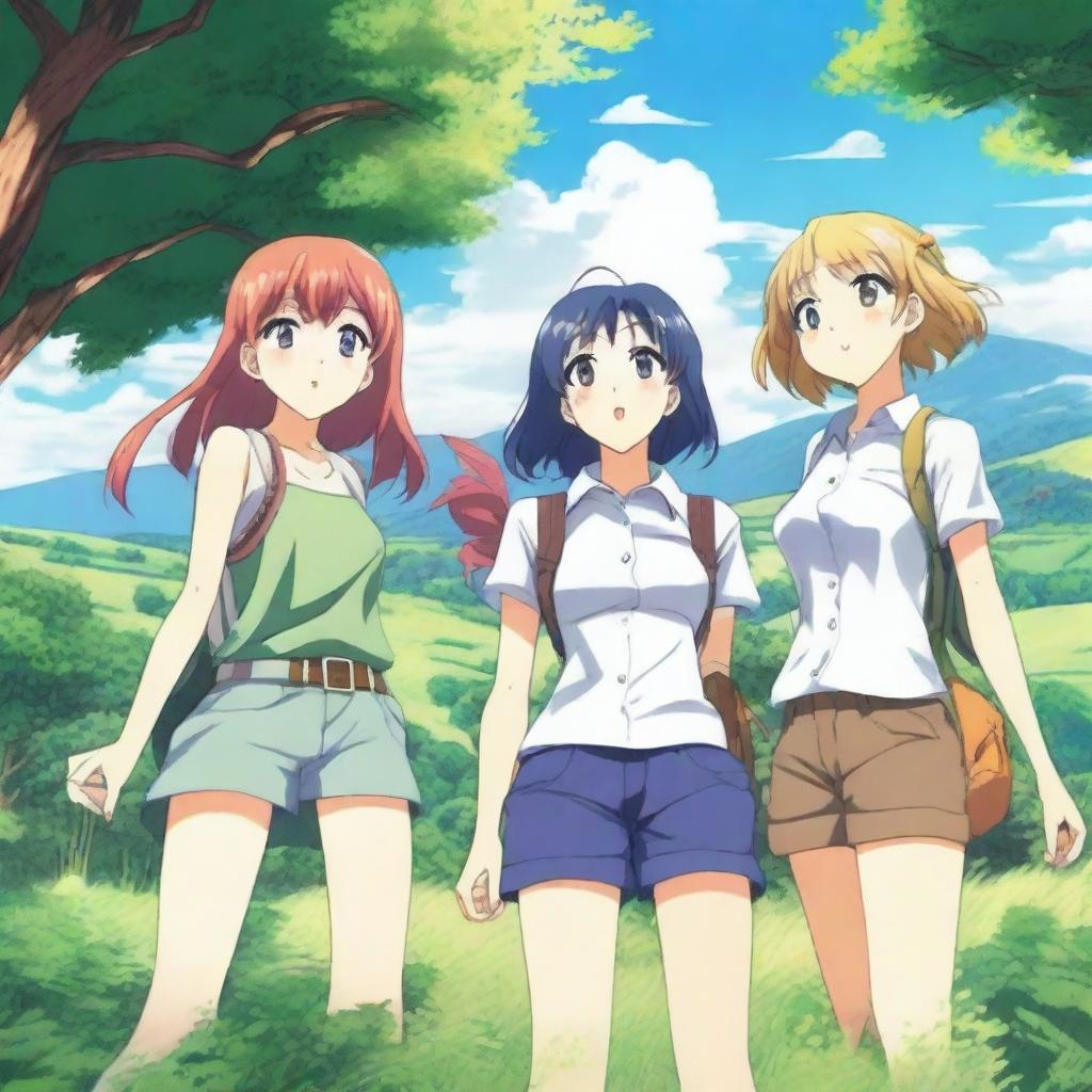 A vibrant and detailed anime scene featuring a group of friends on a summer adventure in a picturesque countryside