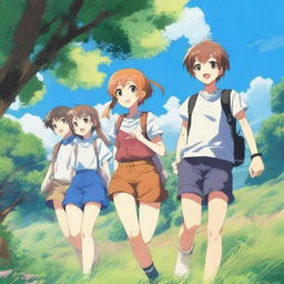 A vibrant and detailed anime scene featuring a group of friends on a summer adventure in a picturesque countryside