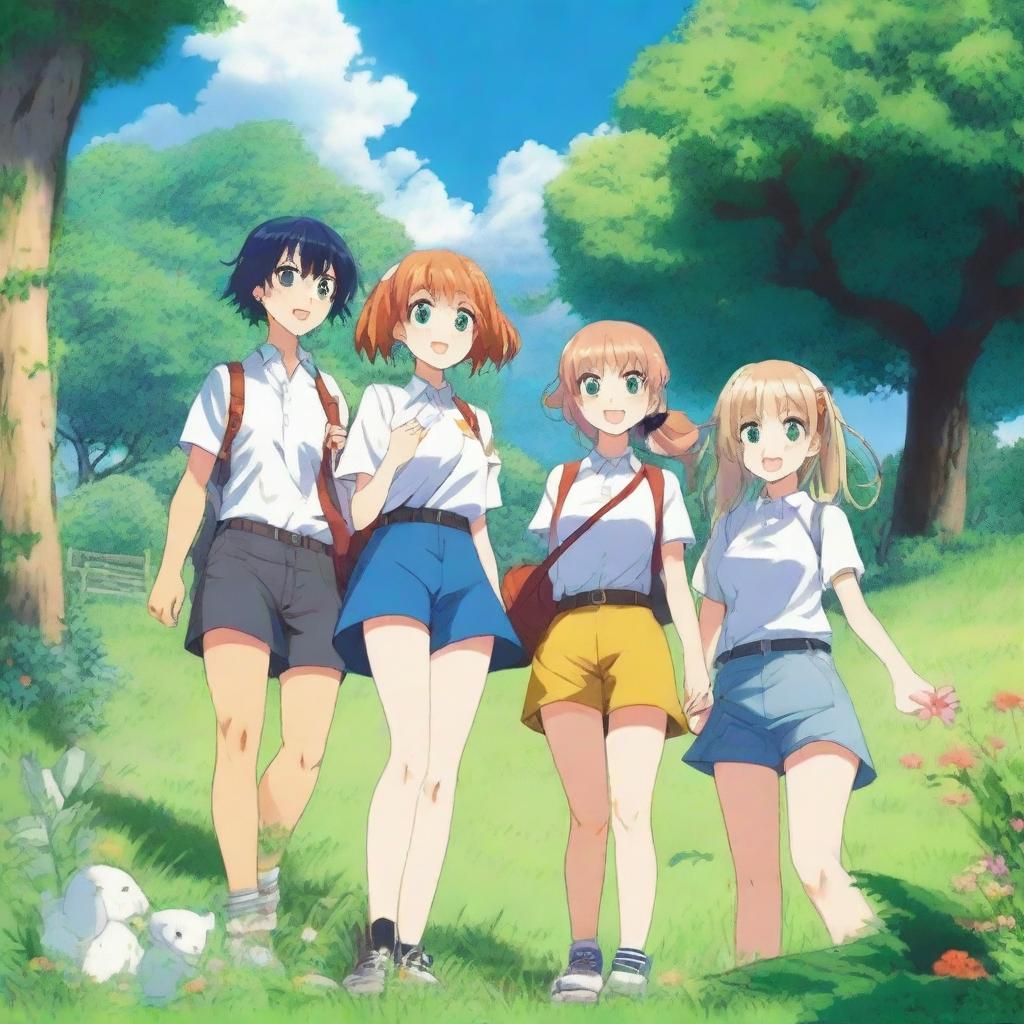 A vibrant and detailed anime scene featuring a group of friends on a summer adventure in a picturesque countryside