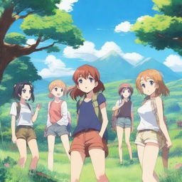 A vibrant and detailed anime scene featuring a group of friends on a summer adventure in a picturesque countryside