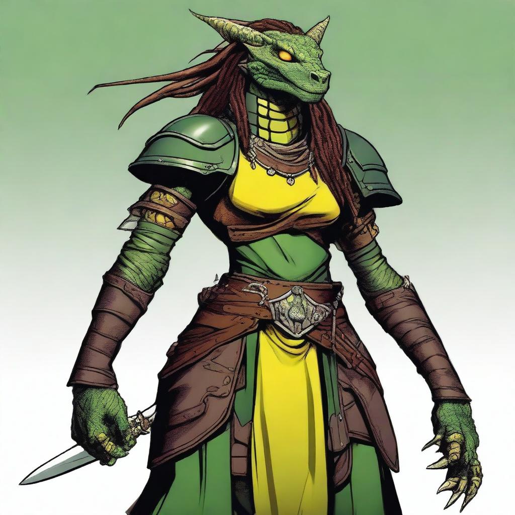 A green dragonborn character from Dungeons and Dragons with yellow eyes and scale dreadlocks