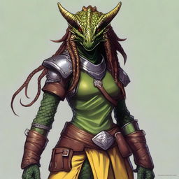 A green dragonborn character from Dungeons and Dragons with yellow eyes and scale dreadlocks